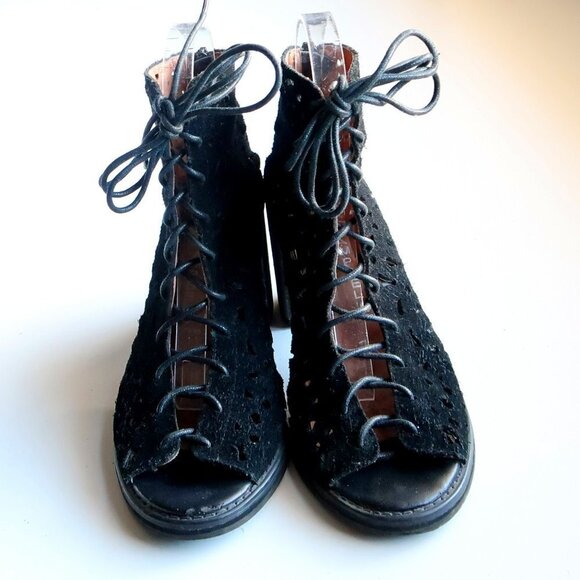 Jeffrey Campbell Black Suede Leather Block Heel Lace-up Sandals Bootie Shoes 8.5 - Picture 11 of 15